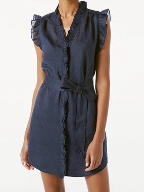 Frame Denim Navy Ruffle Tie-Waist Mini Dress